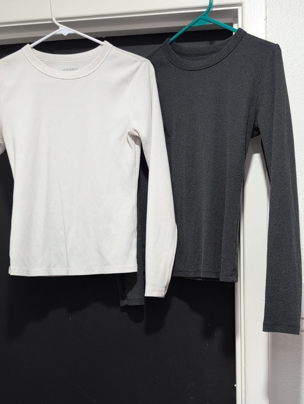 Old Navy Long-Sleeve Crew Tops — White and Charcoal Gray